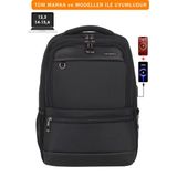 Dada 14"-15,6" Inç USB Girişli Körüklü Laptop Sırt Çantası Unisex Su Geçirmez Kumaş - Siyah