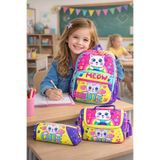 Dadacuq Üç Bölmeli MEOW CUTE Baskı İlkokul Çantası, Termoslu Beslenme Çantası ve Kalemlik 3'lü Okul Seti, Çok Renkli