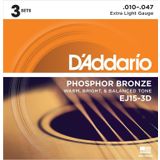 DADDARIO EJ15-3D AKUSTİK GİTAR TEL SETİ, 3'LÜ PAKET, 10-47, PHOSPHOR BRONZE, EXTRA LIGHT