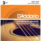 Daddarıo Ej15-3D Daddarıo Ej15-3D Akustik Gitar Tel Seti, 3'Lü Paket, 10-47, Phosphor Bronze, Extra Lıght