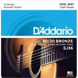 Daddarıo Ej36 Daddarıo Ej36 Akustik Gitar Tel Seti, 12 Telli, 10-47, 80/20 Bronze, Lıght