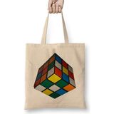 Dado 3D Zeka Küpü Bez Çanta Uzun Saplı - Açık Bej - 40 X 40