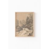 Dağ Manzarası Ve Şelale - Ahşap Desenli Çerçeve, Naturel, 50 x 70