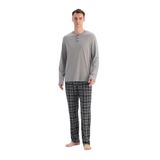 Dagi Erkek Pijama Takımı, Gri Uzun Kollu Pat Detaylı Tişört, Ekose Pantolon, XL