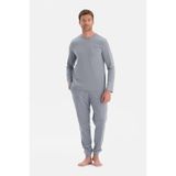 Dagi Erkek Pijama Takımı Uzun Kollu Tişört Pantolon Gri Beyaz