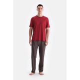 Dagi Eros Erkek Pijama Takımı, Bordo Kısa Kollu Tişört, Çizgili Pantolon, M Beden, 310