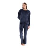 Dagi Kadın Bisiklet Yaka Uzun Kollu Kadife Tişört Pantolon Pijama Takımı, Örme, Kadife, Lacivert, 2XL
