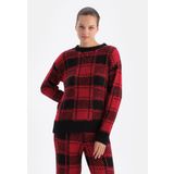 Dagi Kadın Ekoseli Polar Sweatshirt, Örme, Kırmızı, M