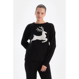 Dagi Kadın Geyik Baskılı Polar Sweatshirt, Örme, Siyah, L