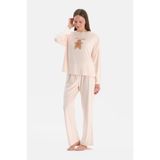 Dagi Kadın Nakışlı Kadife Tişört Pantolon Pijama Takımı Açık Pembe XS