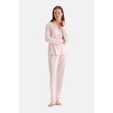 Dagi Kadın Pijama Takımı, Açık Pembe Çizgili, Pamuk Modal, Gömlek Pantolon, XL Beden