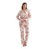 Dagi Kadın Pijama Takımı, Açık Pembe Şal Desenli, Penye Modal, Gömlek Pantolon, L Beden
