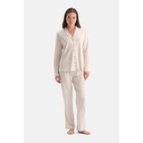 Dagi Kadın Pijama Takımı, Bej Çizgili, Pamuk Modal, Gömlek Pantolon, 2XL