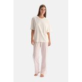 Dagi Kadın Pijama Takımı, Ekru, Baskı Detaylı Kısa Kollu Tişört Pantolon, XL Beden, 316