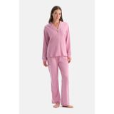 Dagi Kadın Pijama Takımı, Pembe Biyeli Pamuk Modal Gömlek Pantolon, XL Beden