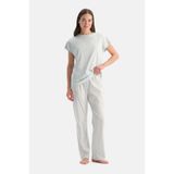 Dagi Kadın Pijama Takımı, Su Yeşili, Düşük Omuzlu Kısa Kollu Tişört Pantolon, 2XL Beden