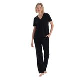 Dagi Kadın V Yaka Kısa Kollu Viskon Tişört Pantolon Pijama Takımı, Örme, Siyah, M