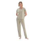 Dagi Kadın V Yaka Pileli Tişört Pantolon Pijama Takımı, Viskon, Örme, Ada Çayı, M