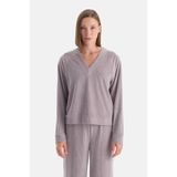 Dagi Kadın V Yaka Uzun Kollu Kadife Sweatshirt, Örme, Kadife, Açık Lila, M