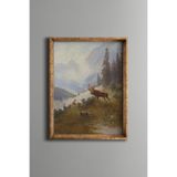 Dağlarda Kükreyen Geyik - Vintage Desenli Çerçeve, Altın1, 15 x 21