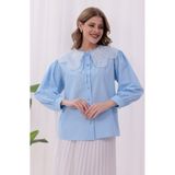Dagü Design Kadın mavi bebe yaka balon kol poplin gömlek rahat kalıp vintega tarz