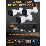 Dahua 3 Kameralı 2mp Gece Renkli Güvenlik Kamerası Seti, 250 GB Hdd, Fullhd Iç Dış Mekan Uyumlu