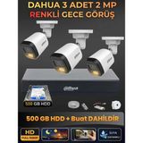 Dahua 3 Kameralı 2mp Gece Renkli Güvenlik Kamerası Seti, 500 GB Hdd, Fullhd Iç Dış Mekan Uyumlu