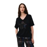 Daido Kadın V Yaka Pul Detaylı ve Desenli Kısa Kol T-Shirt 6235 Siyah