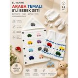 Daisy El Yapımı, Bebek Hastane Çıkışı, 5'li Bebek Seti, Yenidoğan Battaniye, Yelek, Şapka, Patik, Bebek Hediye Araba Figürlü - 6 Ay - Beyaz
