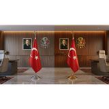 Daisy Tasarım Makam Türk Bayrağı 100X150 cm Krom ve Gold Direkli Salon Bayrağı Seti - Altın (Gold)