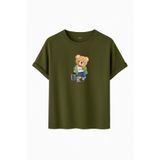 DAKSEL Ayıcık Baskılı Traveler Oversize Pamuklu Unisex Tişört, Grafik Baskılı, 10+ Renk Seçeneği (Haki, XL)