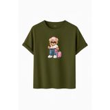 DAKSEL Kadın Ayıcıklı Grafik Baskılı Tişört - Valizli Ayı Tasarımı%100 Pamuklu - 10+ Renk Seçeneği (Haki, 2XL)