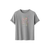 DAKSEL Unisex Pamuklu Oversize T-Shirt - Floral Bloom Wildly Çiçekli Ayıcık Baskılı -%100 Pamuk Bisiklet Yaka Kısa Kollu Tişört (Gri, L)