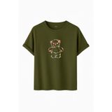 DAKSEL Unisex Pamuklu Oversize T-Shirt - Floral Bloom Wildly Çiçekli Ayıcık Baskılı -%100 Pamuk Bisiklet Yaka Kısa Kollu Tişört (Haki, M)