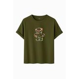 DAKSEL Unisex Pamuklu Oversize T-Shirt - Floral Bloom Wildly Çiçekli Ayıcık Baskılı -%100 Pamuk Bisiklet Yaka Kısa Kollu Tişört (Haki, S)
