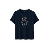 DAKSEL Unisex Pamuklu Oversize T-Shirt - Floral Bloom Wildly Çiçekli Ayıcık Baskılı -%100 Pamuk Bisiklet Yaka Kısa Kollu Tişört (Lacivert, L)