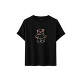 DAKSEL Unisex Pamuklu Oversize T-Shirt - Floral Bloom Wildly Çiçekli Ayıcık Baskılı -%100 Pamuk Bisiklet Yaka Kısa Kollu Tişört (Siyah, M)