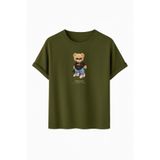 Daksel Unisex Pamuklu Oversize T-Shirt, Swaggy Teddy Bear Gözlüklü Ayıcık Baskılı,%100 Pamuk, Bisiklet Yaka, Kısa Kollu (Haki, S)
