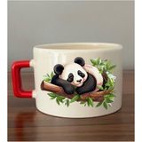 Dalda Uyuyan Panda Görselli Fincan Seramik Kupa - Seramik Çay, Kahve Hediyelik Bardağı - Krem - 1 Adet