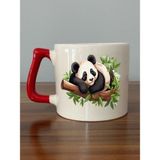 Dalda Uyuyan Panda Görselli Kırmızı Kulplu Kupa Bardak - Seramik Çay, Kahve Hediyelik Bardağı - Krem - 1 Adet