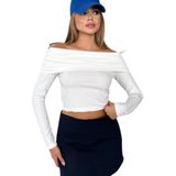 Dalgıç Kumaş Madonna Yaka Crop Bluz (Beyaz, L)