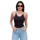 Dalgıç Kumaş Şeffaf Askılı Crop Top, Kadın Kolsuz Bluz (Siyah, S)