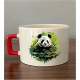 Dallar Arasında Panda Görselli Fincan Seramik Kupa - Seramik Çay, Kahve Hediyelik Bardağı - Krem - 1 Adet