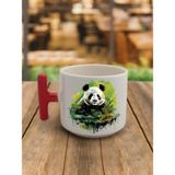 Dallar Arasında Panda Görselli Kahve Bardağı Seramik Kupa - Seramik Çay, Kahve Hediyelik Bardağı - Krem - 1 Adet