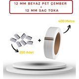 Dalpak Ambalaj 12 mm 400 Metre Beyaz Pet (Polyester ) Çember ( Şerit ) + 250 Adet 12 mm Sac Toka Seti - 1 Adet