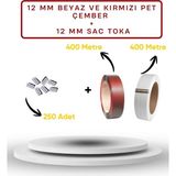 Dalpak Ambalaj 12 mm 400 Metre Kırmızı + 400 Metre Beyaz Pet (Polyester ) Çember ( Şerit ) + 250 Adet Sac Toka Seti - 1 Adet