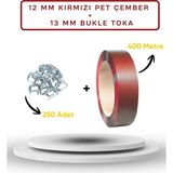 Dalpak Ambalaj 12 mm 400 Metre Kırmızı Pet (Polyester ) Çember ( Şerit ) + 250 Adet Bukle Toka Seti - 1 Adet