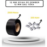 Dalpak Ambalaj 12 mm Siyah Pp Çember ( Polipropilen ) Makine Çemberi ( Koli Kapama , Koli Koruma Çemberi ) + 200 Adet Sac Toka - 1 Adet