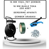Dalpak Ambalaj 15 mm Yeşil Çember ( Yeşil Polyester Şerit )+ 250 Adet 16 mm Pet Çember Tokası + Gerdirme Aparatı + Çember Taşıma Arabası - 1 Adet