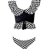 Dama Desenli Fırfırlı Büzgülü Püskül Detaylı UV50 Kız Çocuk Bikini Takımı By Nessi Byrd - 6 Yaş - Siyah